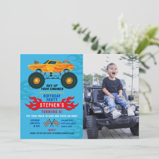 モンスタートラック誕生日パーティー炎ビッグフォトブルー 招待状 (スタンド正面)