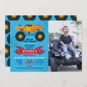 モンスタートラック誕生日パーティー炎ビッグフォトブルー 招待状 (正面/裏面)
