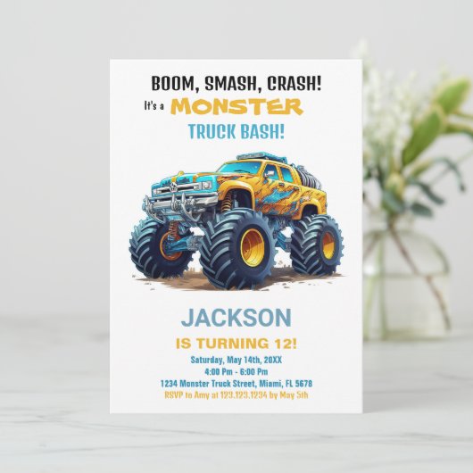 モンスタートラック誕生日招待状イエロー 招待状 (スタンド正面)