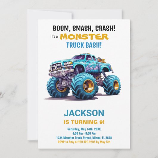 モンスタートラック誕生日招待状オレンジブルー 招待状 (正面)