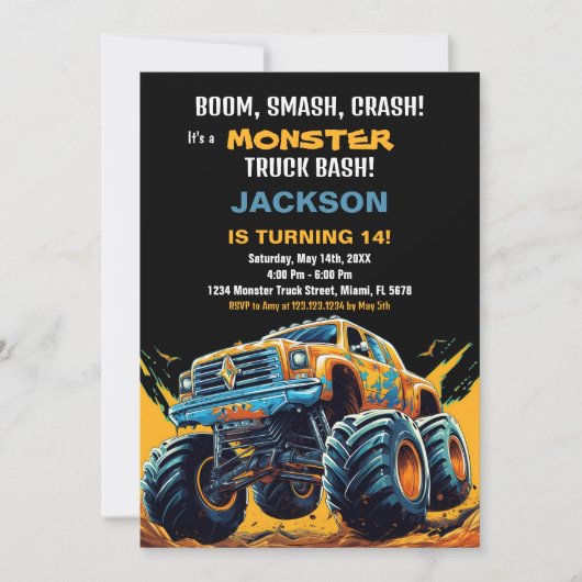モンスタートラック誕生日招待状オレンジBC 招待状 (正面)