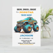 モンスタートラック誕生日招待状グリーンブルー 招待状 (スタンド正面)