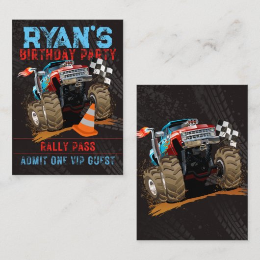 モンスタートラック誕生日招待状パス ノートカード (正面/裏面)