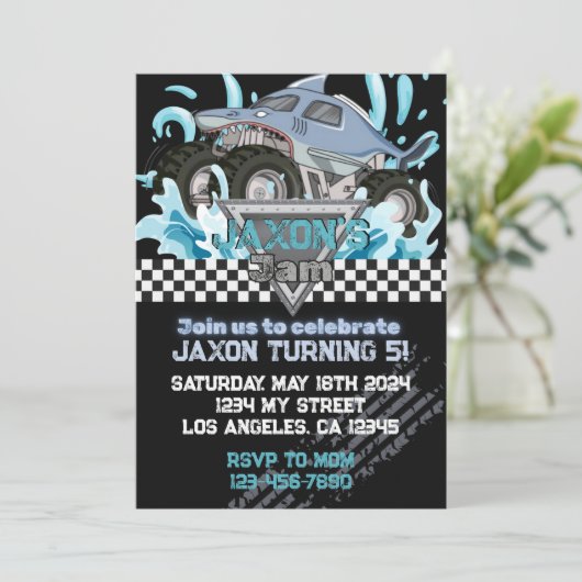 モンスタートラック誕生日招待状ブルーシャーク 招待状 (スタンド正面)