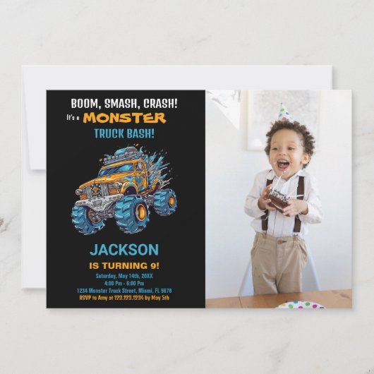 モンスタートラック誕生日招待状ブルーフォト 招待状 (正面)