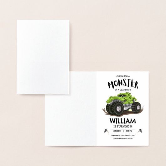 モンスタートラック誕生日招待状ボーイズ誕生日 箔カード (ディスプレー)