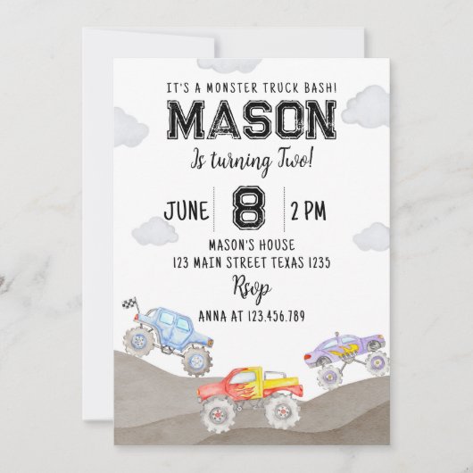 モンスタートラック誕生日招待状レーシングカー 招待状 (正面)