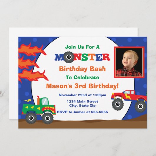 モンスタートラック誕生日招待状5 x 7フォトカード 招待状 (正面/裏面)