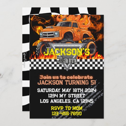 モンスタートラック誕生日招待状 – オレンジブル 招待状 (正面/裏面)