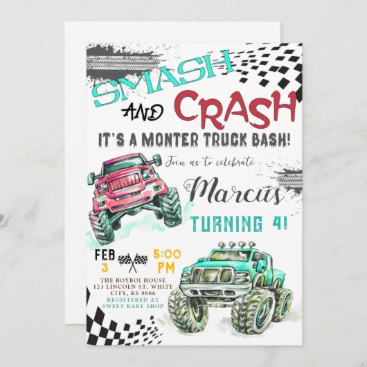 モンスタートラック誕生日招待状、ボーイズトラック 招待状 (正面/裏面)