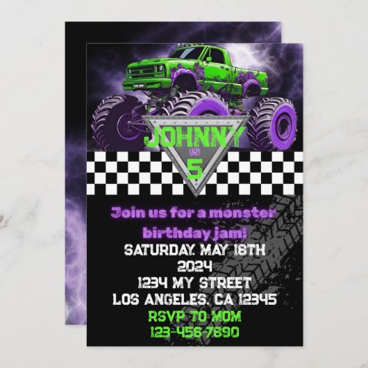 モンスタートラック誕生日招待状 招待状 (正面/裏面)