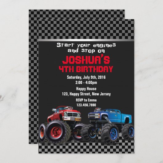 モンスタートラック誕生日招待状 招待状 (正面/裏面)