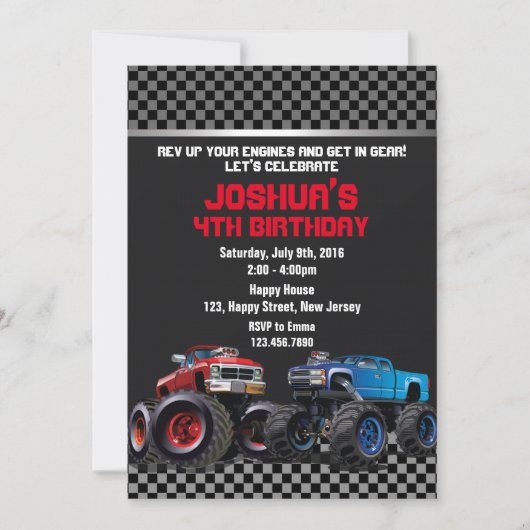 モンスタートラック誕生日招待状 招待状 (正面)
