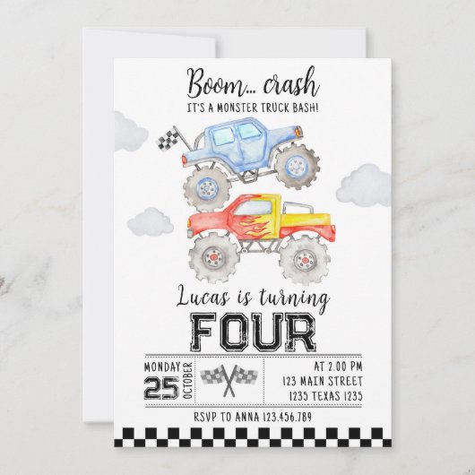 モンスタートラック誕生日招待状 招待状 (正面)