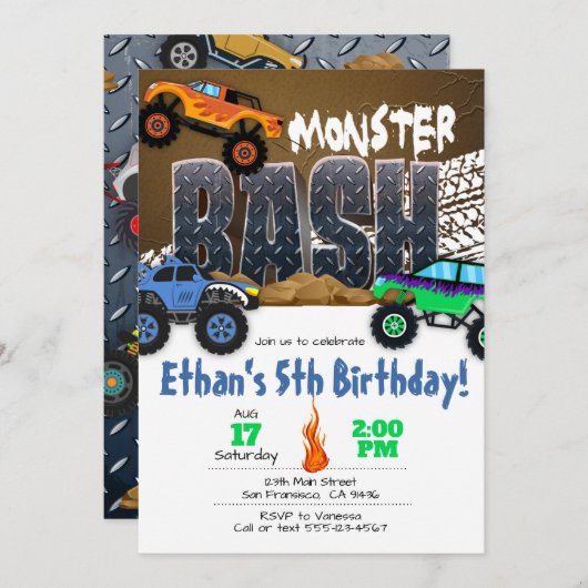 モンスタートラック誕生日招待状- Monster Bash 招待状 (正面/裏面)