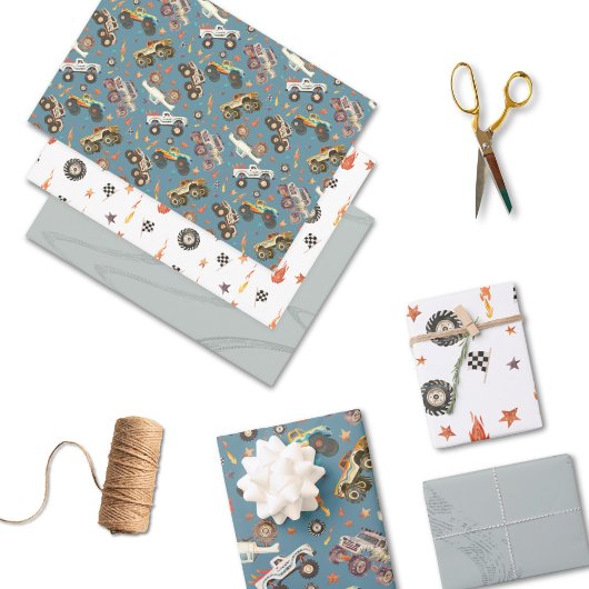 モンスタートラック青い水モダン色セット3 ラッピングペーパーシート