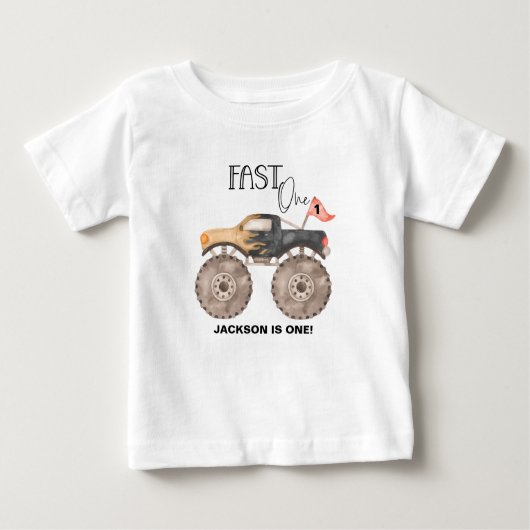モンスタートラック1歳の誕生日ファーストONEキッズ ベビーTシャツ (正面)