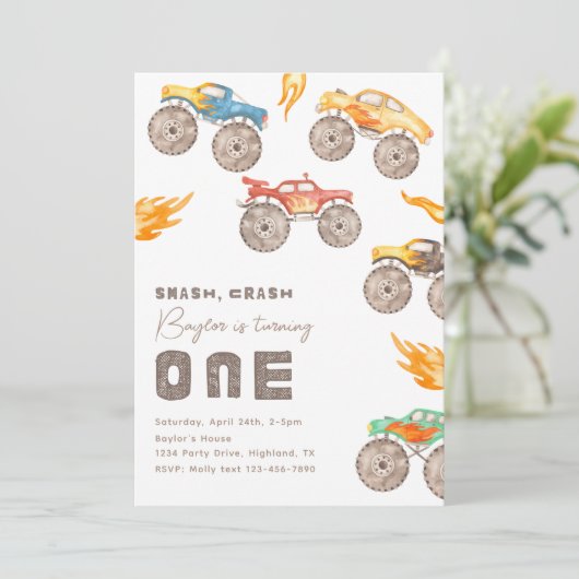 モンスタートラック1歳の誕生日招待状 |トラック 招待状 (スタンド正面)