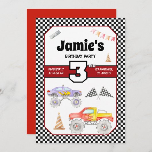 モンスタートラック3rd誕生日招待状 招待状 (正面/裏面)