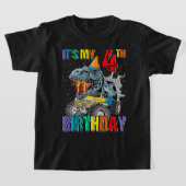 モンスタートラック4歳T型4歳の誕生日ボーイモンズ Tシャツ (レイダウン)