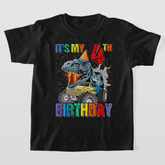 モンスタートラック4歳T型4歳の誕生日ボーイモンズ Tシャツ (レイダウン)