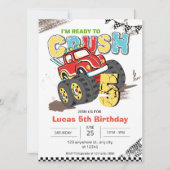 モンスタートラック5歳の誕生日の男の子をつぶす準備ができている 招待状 (正面)