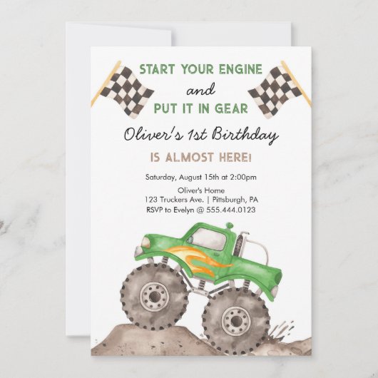 モンスタートラック、あなたのエンジン少年の開始1歳の誕生日 招待状 (正面)