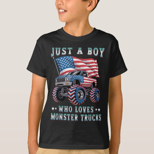 モンスタートラック アメリカ国旗 が大好きな少年 Tシャツ (正面)