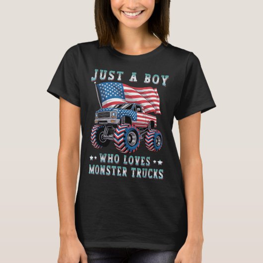 モンスタートラック アメリカ国旗 が大好きな少年 Tシャツ (正面)