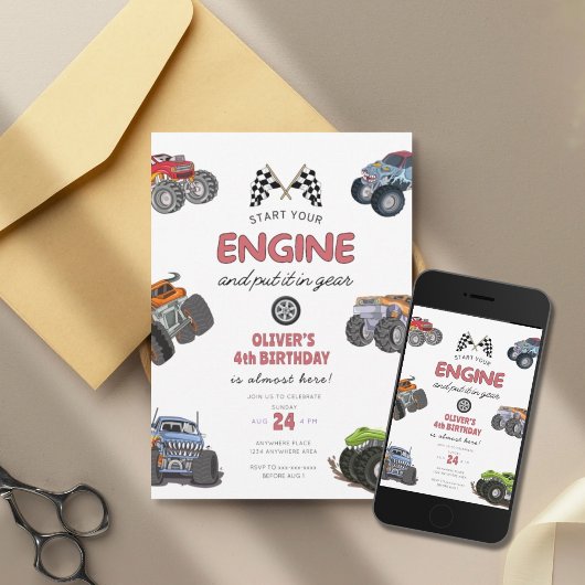 モンスタートラック、エンジンをスタートさせろ 4歳の誕生日 招待状