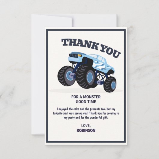 モンスタートラック クラッシュ・バースデー 現代の青いモンスターカーレース サンキューカード (正面)