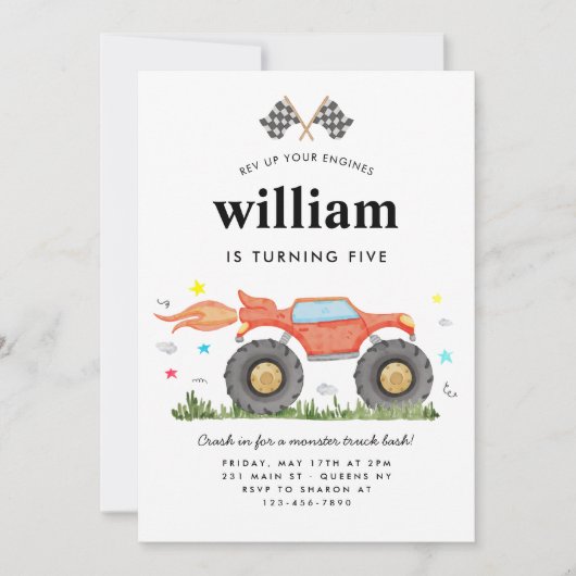 モンスタートラック バッシュ カーレース フラッグ 子供の誕生日 招待状 (正面)
