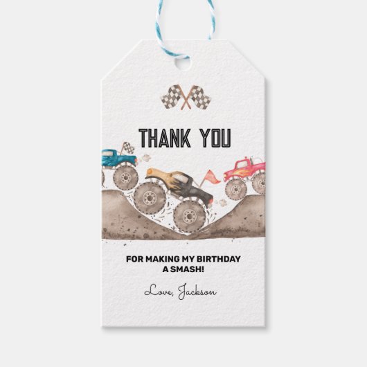 モンスタートラック 僕を捕まえられないよ!私は3歳 誕生日招待状 ギフトタグ (正面)