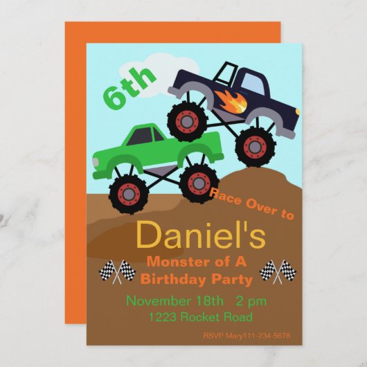 モンスタートラック、大型トラック、レーシングトラック 招待状 (正面/裏面)