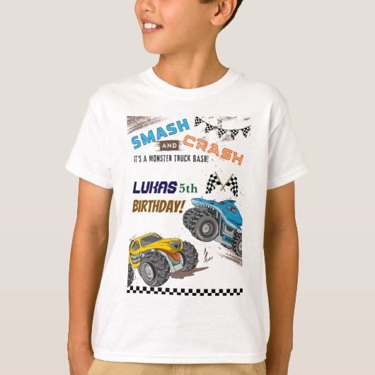 モンスタートラック 男の子 誕生日パーティー 家族/友達 Tシャツ (正面)
