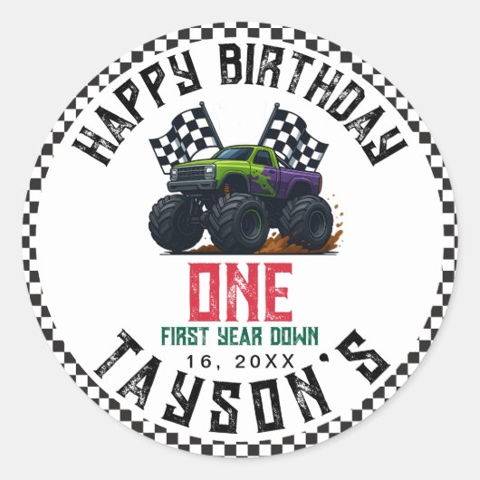 モンスタートラック 1歳のバースデーパーティー Vroom Party ラウンドシール (正面)