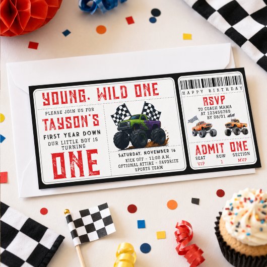 モンスタートラック 1歳の誕生日チケット招待状 招待状