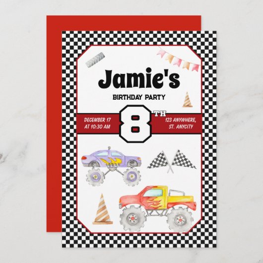 モンスタートラック 8歳の誕生日招待状 招待状 (正面/裏面)