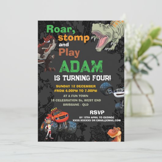 モンスタートラック&Tレックスボーイズ誕生日 招待状 (スタンド正面)