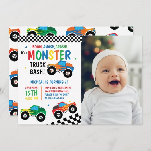 モンスタートラックBashカラフルGroovy子供の誕生日 招待状 (正面/裏面)