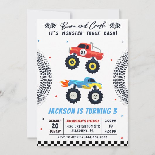 モンスタートラックBash男の子の誕生日パーティーの招待状 招待状 (正面)