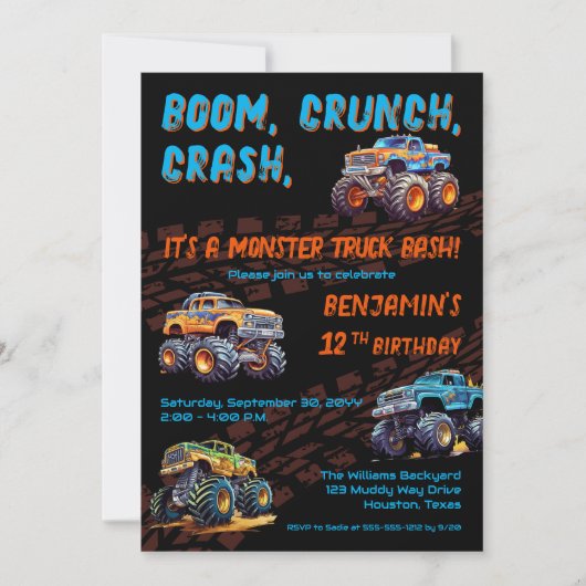 モンスタートラックBash男の子12th誕生日パーティー 招待状 (正面)