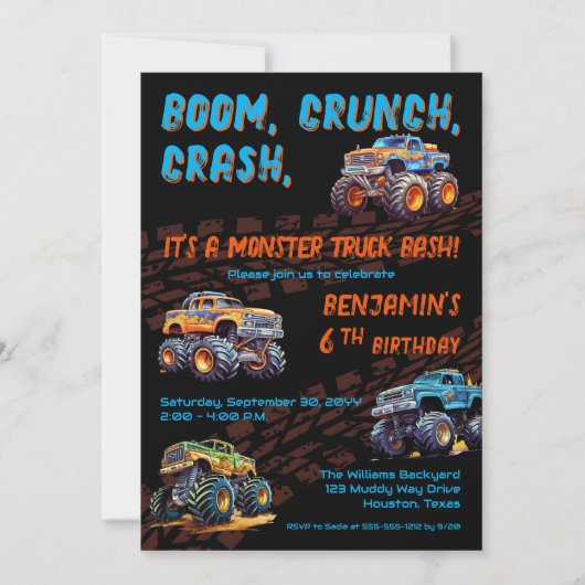 モンスタートラックBash男の子6th誕生日パーティー 招待状 (正面)