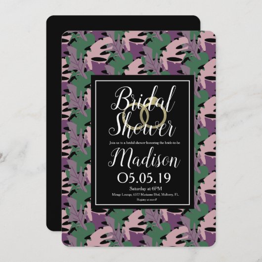モンスタートロピカルパープルフェイク金ゴールドブライダルシャワー 招待状 (正面/裏面)