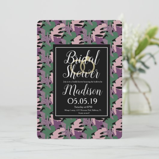 モンスタートロピカルパープルフェイク金ゴールドブライダルシャワー 招待状 (スタンド正面)