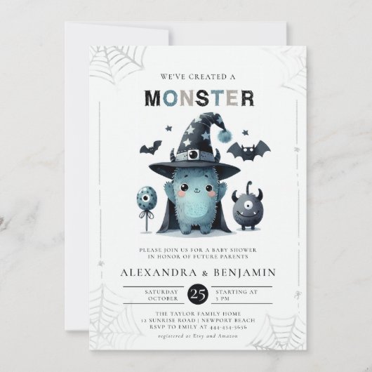 モンスターハロウィーン10月Coed男の子の赤ちゃんシャワー 招待状 (正面)