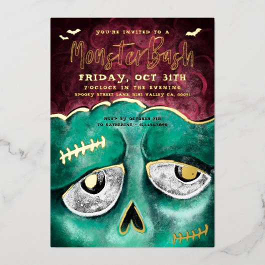モンスターバッシュおもしろい不気味ゾンビハローウィンパーティ 箔招待状 (正面)