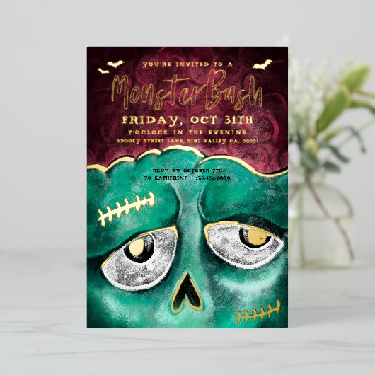 モンスターバッシュおもしろい不気味ゾンビハローウィンパーティ 箔招待状 (立ち正面)