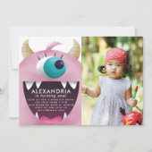 モンスターバッシュピンクの誕生日パーティーの写真 招待状 (正面)