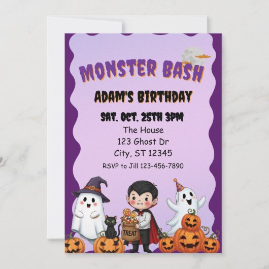 モンスターバッシュ、ハロウィン 誕生日 招待状 (正面)